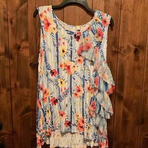 Cato Floral Ruffle Tank Top - Blue & Coral